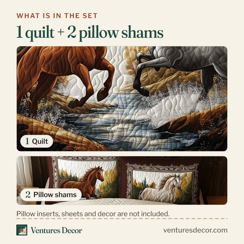 What is in the set: one quilt and two pillow shams, shown in the Creekside Horse Runners design