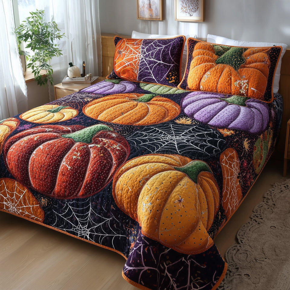 Creepy Halloween Cobweb Pumpkin Pile quilted bedding set, quilt and two pillow shams on a made bed