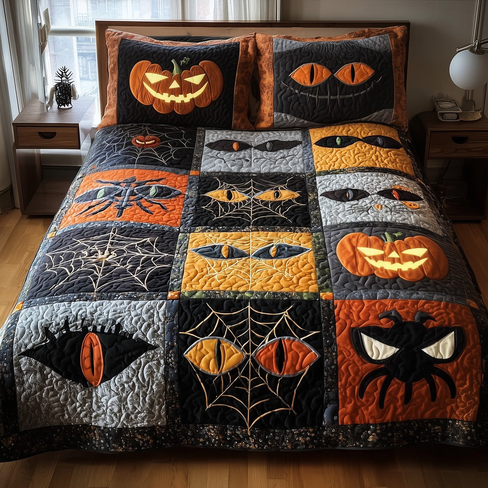 Creepy Halloween Jack O Lantern Grid quilted bedding set, quilt and two pillow shams on a made bed