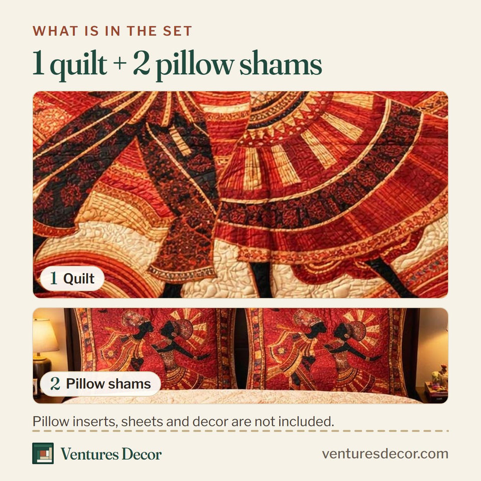 What is in the set: one quilt and two pillow shams, shown in the Crimson Ancestral Dance design