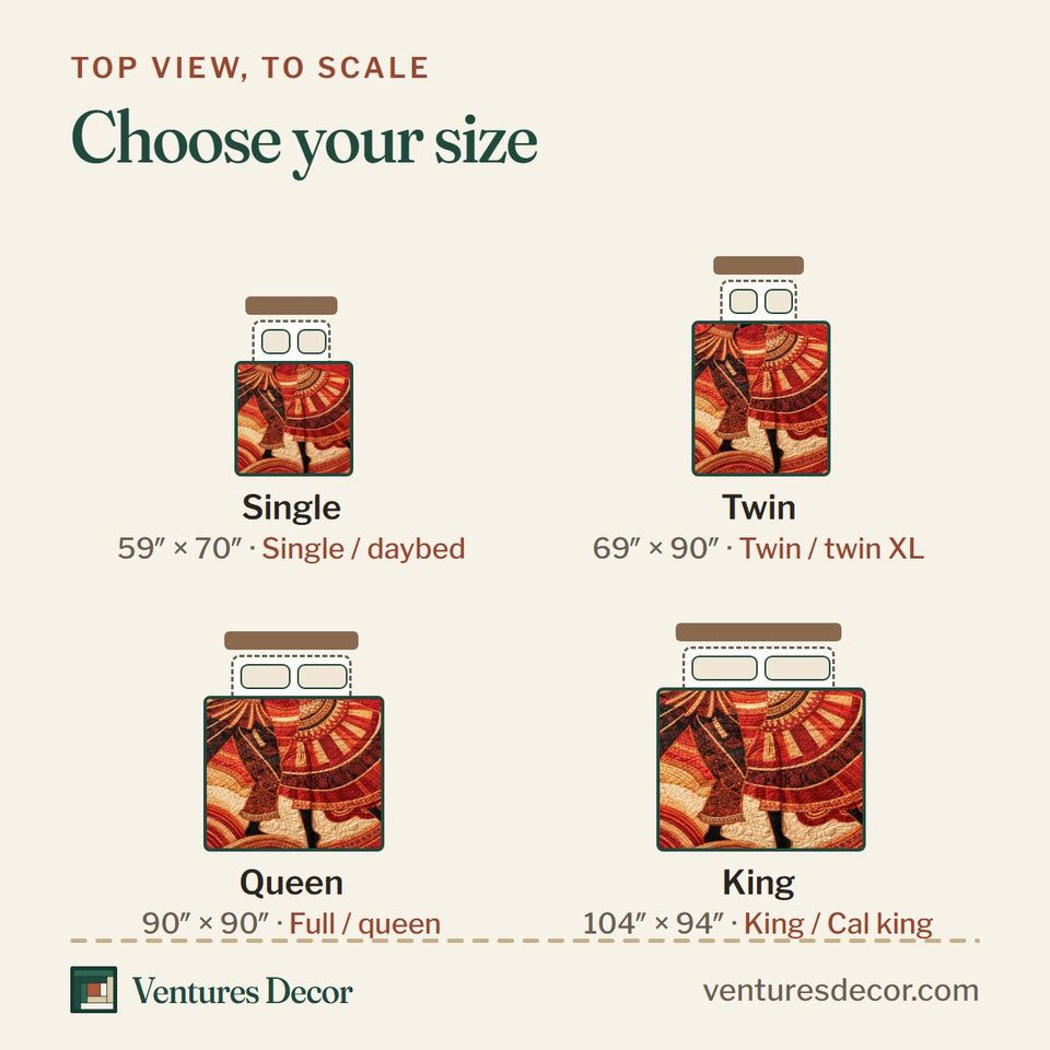Size guide for the Crimson Ancestral Dance quilt, top view to scale: Single 59 x 70 in, Twin 69 x 90 in, Queen 90 x 90 in, King 104 x 94 in