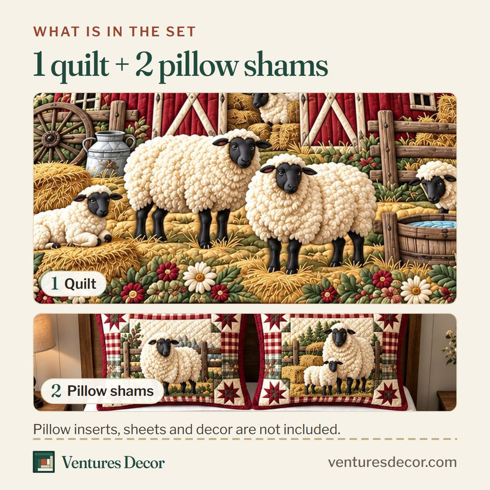 What is in the set: one quilt and two pillow shams, shown in the Crimson Barnyard Mates design