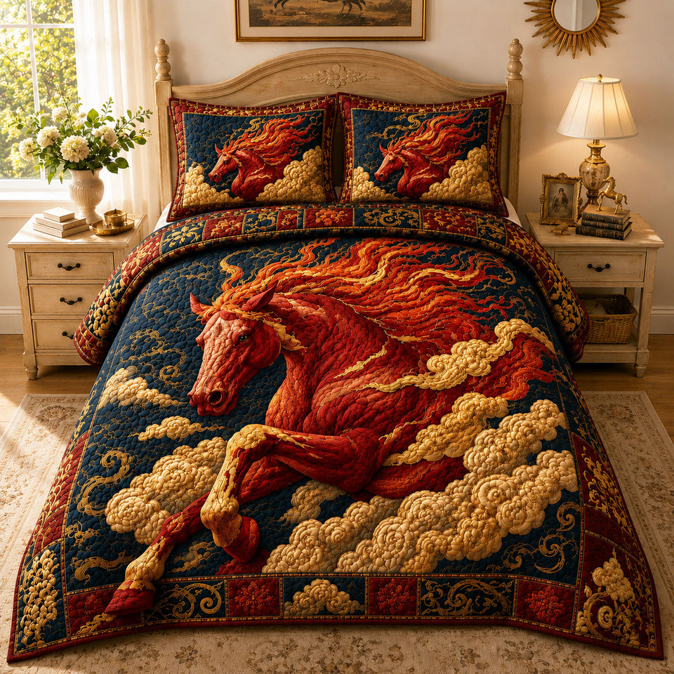 Crimson Celestial Fire Horse quilted bedding set, quilt and two pillow shams on a made bed