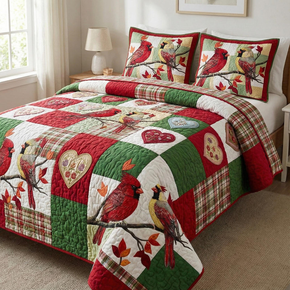 Crimson Companions Cardinals On Red And Green Plaid quilted bedding set, quilt and two pillow shams on a made bed