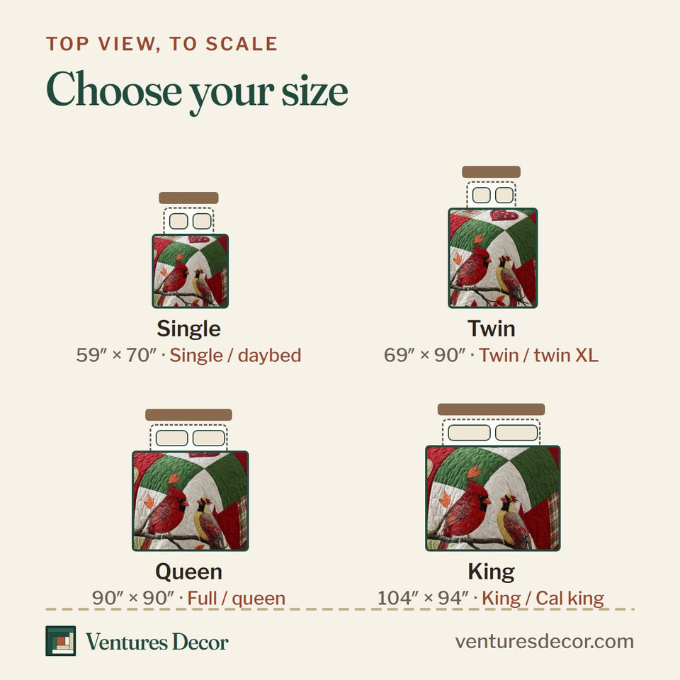 Size guide for the Crimson Companions Cardinals On Red And Green Plaid quilt, top view to scale: Single 59 x 70 in, Twin 69 x 90 in, Queen 90 x 90 in, King 104 x 94 in