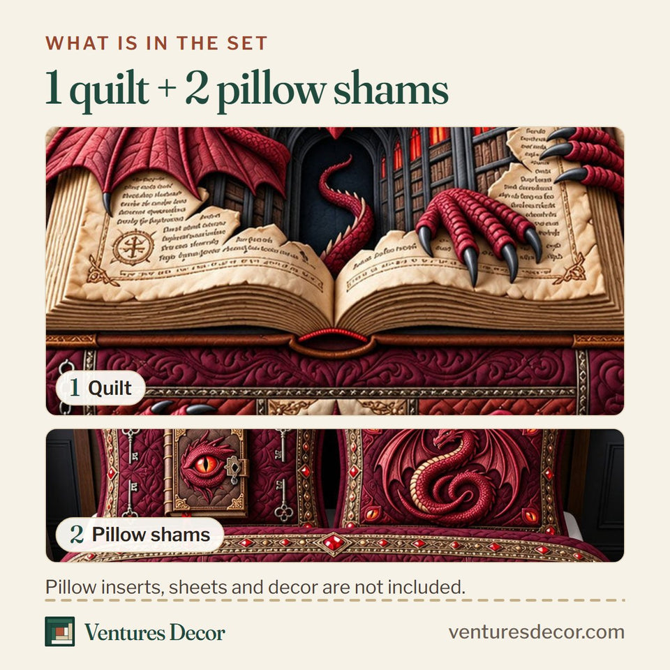 What is in the set: one quilt and two pillow shams, shown in the Crimson Dragon design