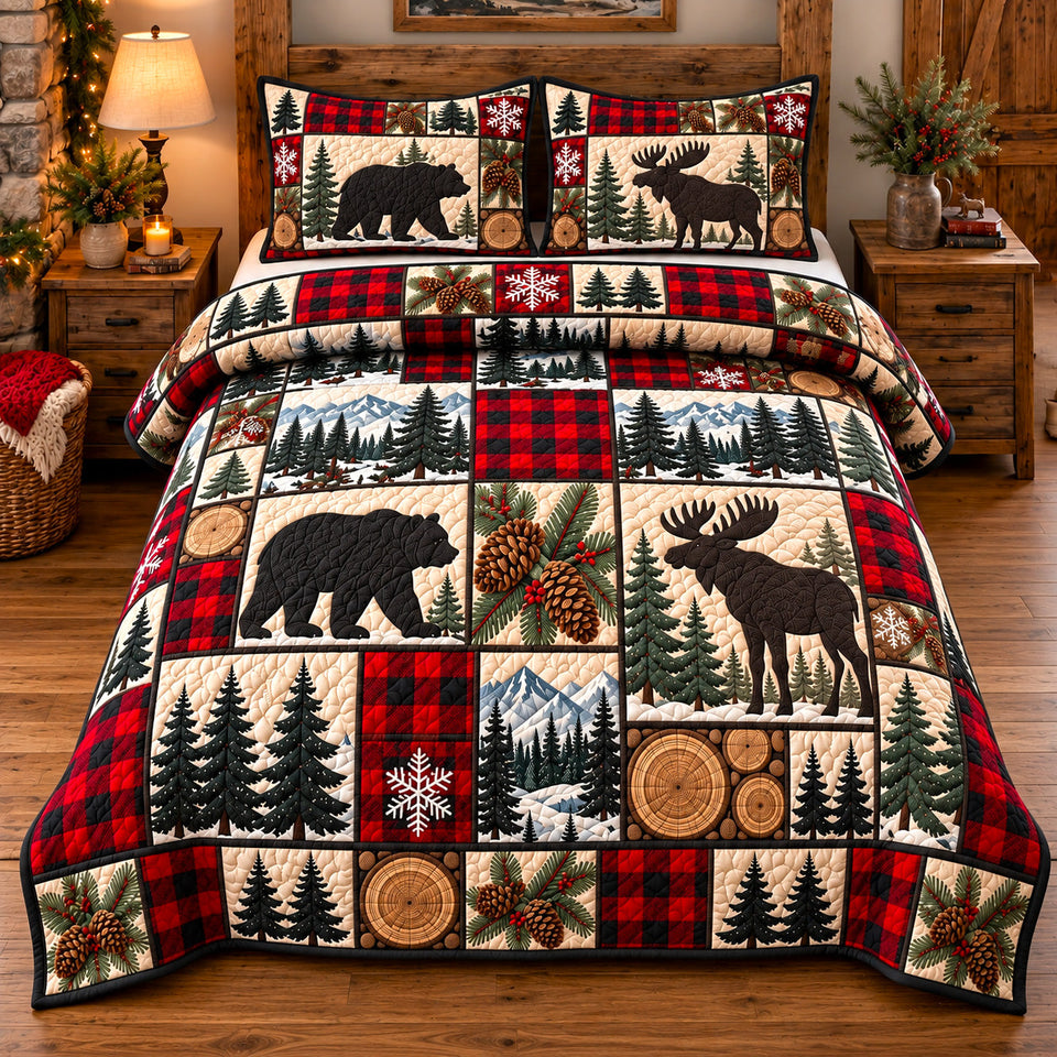 Crimson Forest Patchwork quilted bedding set, quilt and two pillow shams on a made bed