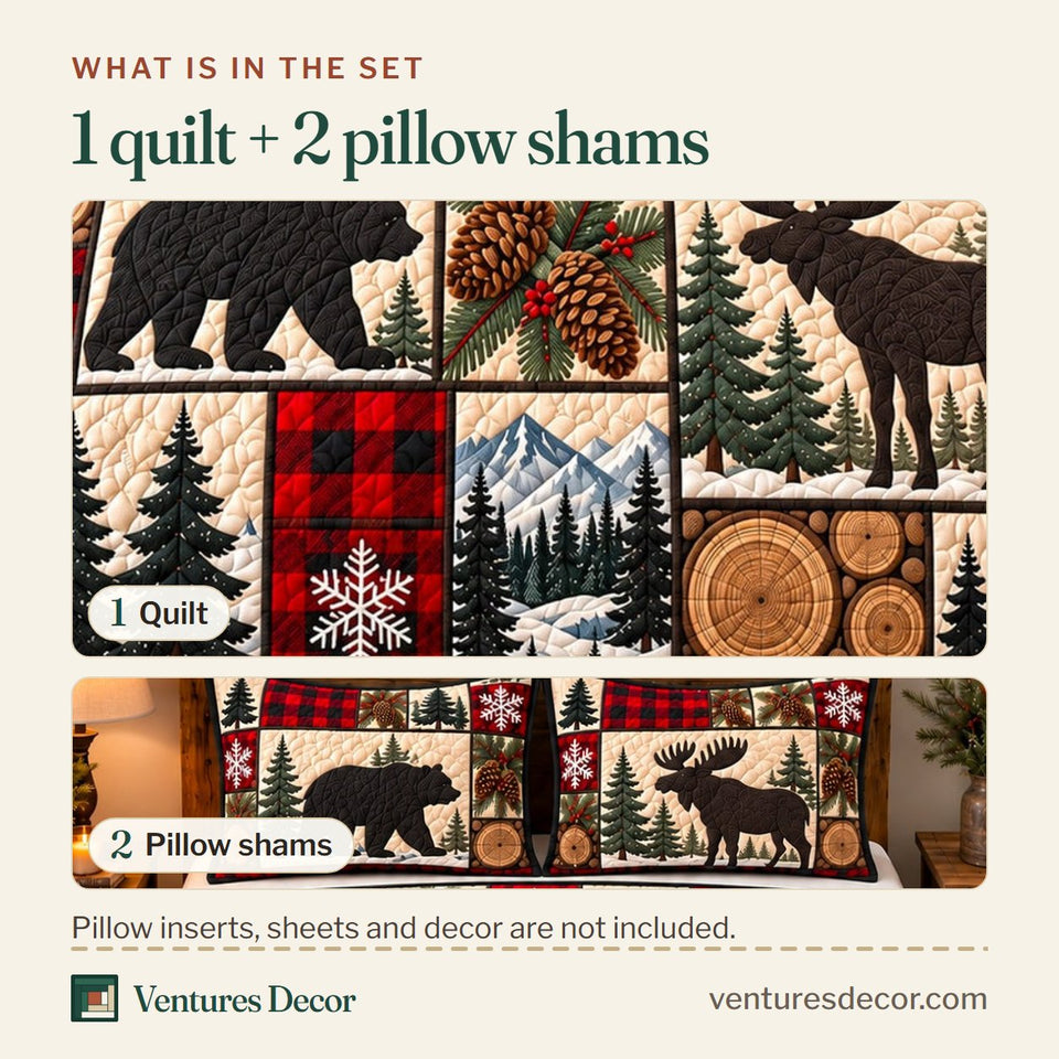 What is in the set: one quilt and two pillow shams, shown in the Crimson Forest Patchwork Quilt Set, 3-Piece Quilted Bedding with 2 Pillow Shams design