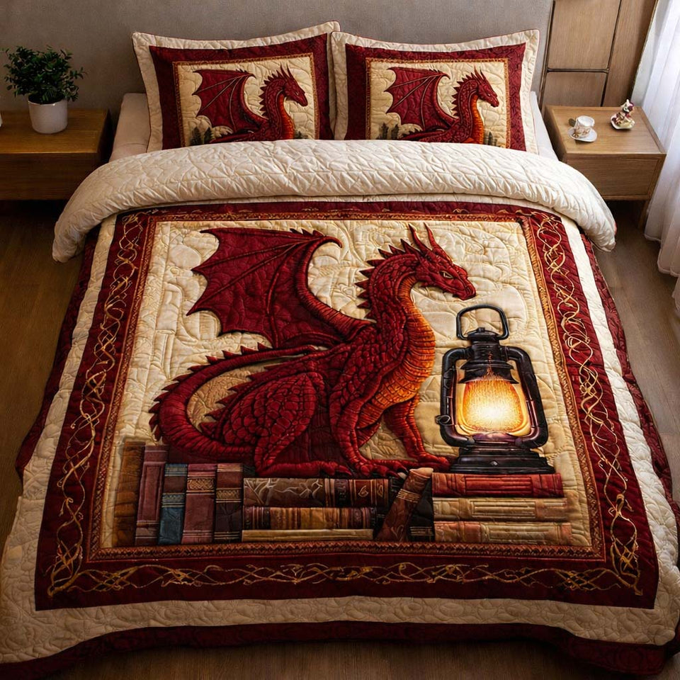Crimson Lantern Dragon quilted bedding set, quilt and two pillow shams on a made bed