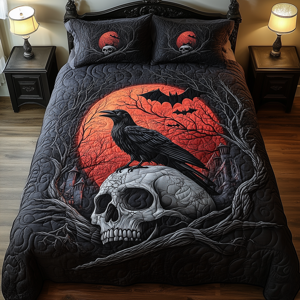 Crimson Moon Raven Skull quilted bedding set, quilt and two pillow shams on a made bed
