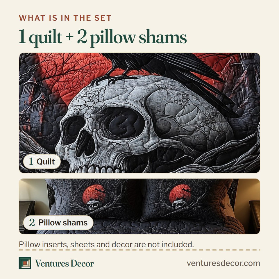 What is in the set: one quilt and two pillow shams, shown in the Crimson Moon Raven Skull design