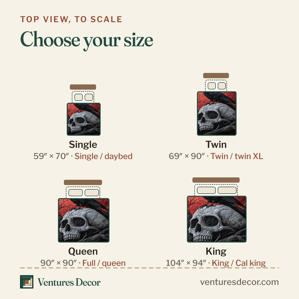 Size guide for the Crimson Moon Raven Skull quilt, top view to scale: Single 59 x 70 in, Twin 69 x 90 in, Queen 90 x 90 in, King 104 x 94 in