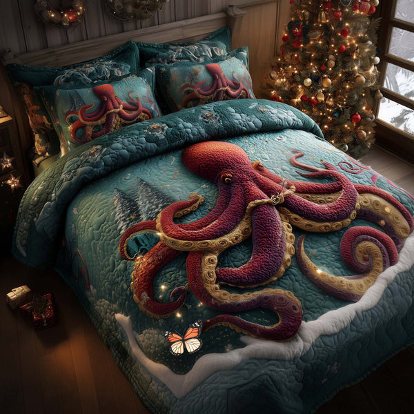 Crimson Octopus Tidings quilted bedding set, quilt and two pillow shams on a made bed