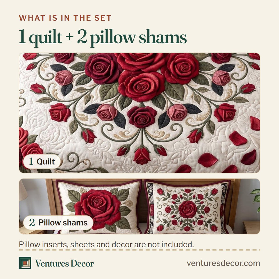 What is in the set: one quilt and two pillow shams, shown in the Crimson Rose design
