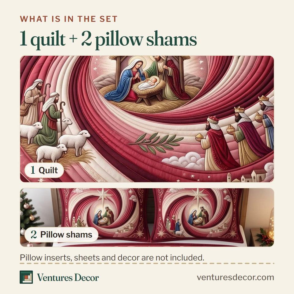 What is in the set: one quilt and two pillow shams, shown in the Crimson Swirl Nativity design