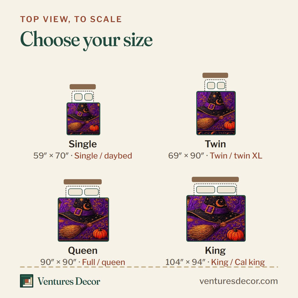 Size guide for the Crimson Witch quilt, top view to scale: Single 59 x 70 in, Twin 69 x 90 in, Queen 90 x 90 in, King 104 x 94 in