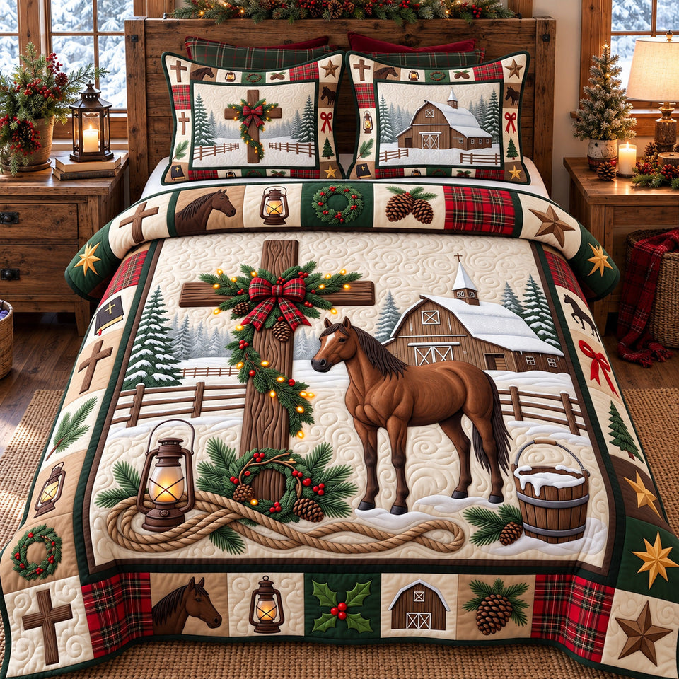 Cross And Horse quilted bedding set, quilt and two pillow shams on a made bed