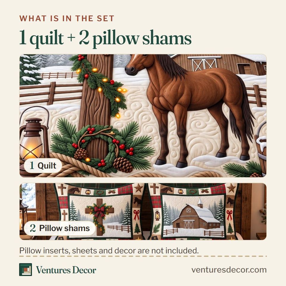 What is in the set: one quilt and two pillow shams, shown in the Christian Cross And Horse Quilt Set, 3-Piece Quilted Bedding with 2 Pillow Shams design