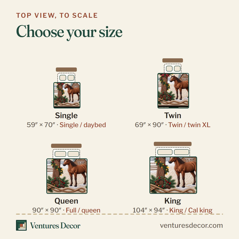 Size guide for the Christian Cross And Horse Quilt Set, 3-Piece Quilted Bedding with 2 Pillow Shams quilt, top view to scale: Single 59 x 70 in, Twin 69 x 90 in, Queen 90 x 90 in, King 104 x 94 in