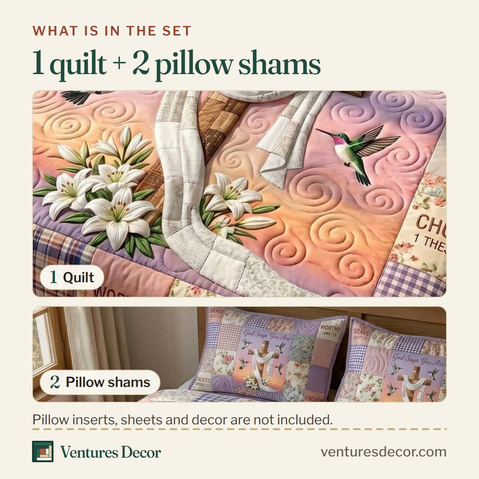 What is in the set: one quilt and two pillow shams, shown in the Cross and Lily Dawn design