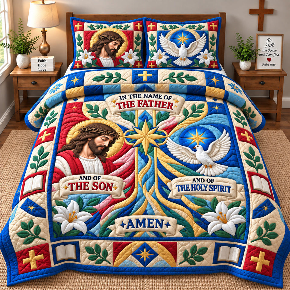 Cross Bible Verse quilted bedding set, quilt and two pillow shams on a made bed