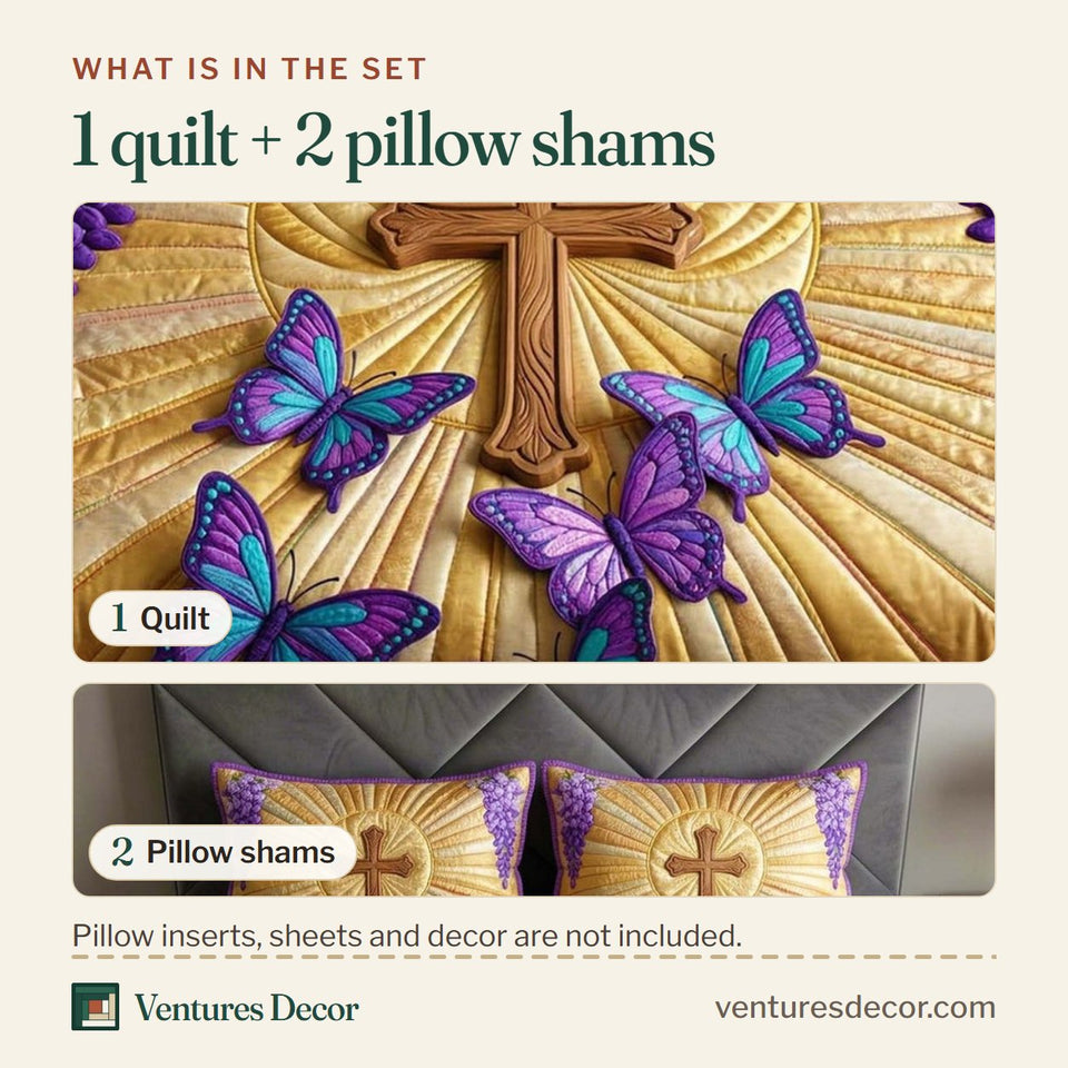 What is in the set: one quilt and two pillow shams, shown in the Cross Butterflies design