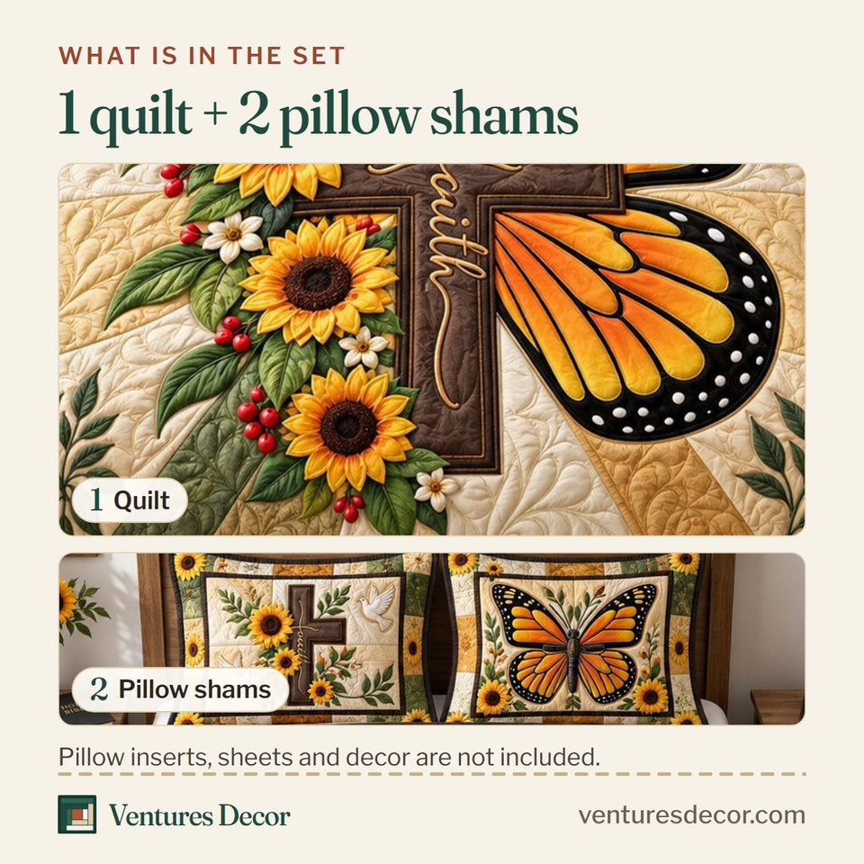 What is in the set: one quilt and two pillow shams, shown in the Cross Butterfly design