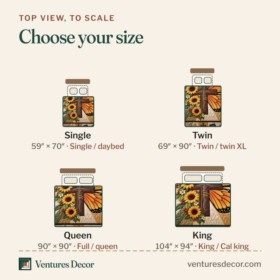 Size guide for the Cross Butterfly quilt, top view to scale: Single 59 x 70 in, Twin 69 x 90 in, Queen 90 x 90 in, King 104 x 94 in