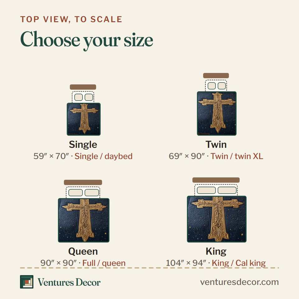 Size guide for the Cross Gold Relief on Starry Patchwork quilt, top view to scale: Single 59 x 70 in, Twin 69 x 90 in, Queen 90 x 90 in, King 104 x 94 in