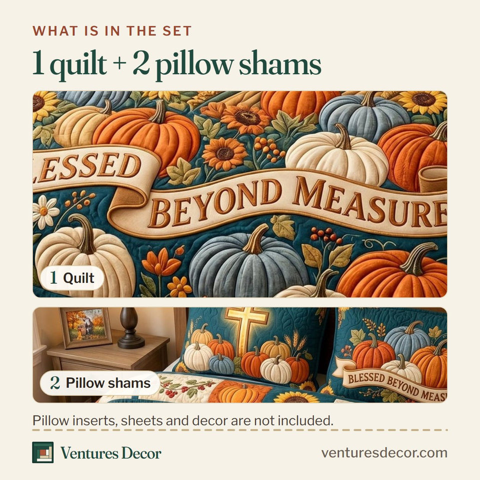 What is in the set: one quilt and two pillow shams, shown in the Cross Harvest design