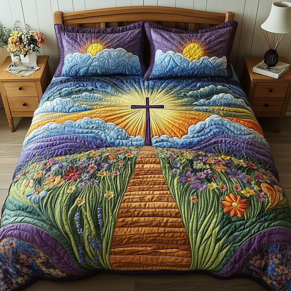 Cross Hilltop Sunrise Over Fields quilted bedding set, quilt and two pillow shams on a made bed