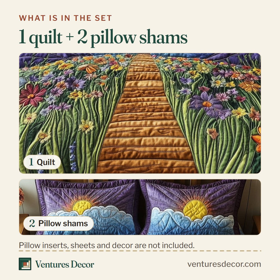 What is in the set: one quilt and two pillow shams, shown in the Cross Hilltop Sunrise Over Fields design