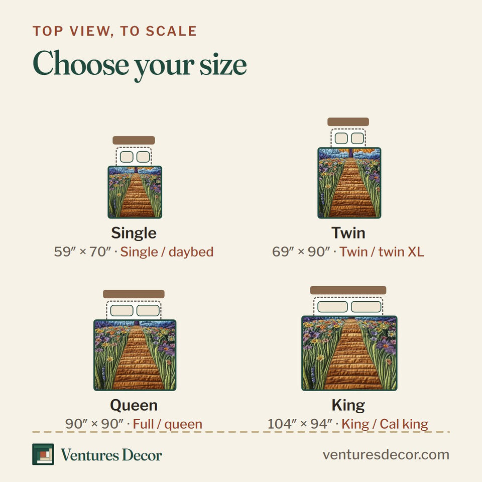Size guide for the Cross Hilltop Sunrise Over Fields quilt, top view to scale: Single 59 x 70 in, Twin 69 x 90 in, Queen 90 x 90 in, King 104 x 94 in