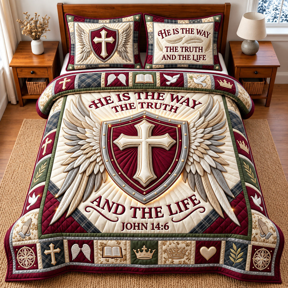 Cross Of Faith Christian quilted bedding set, quilt and two pillow shams on a made bed