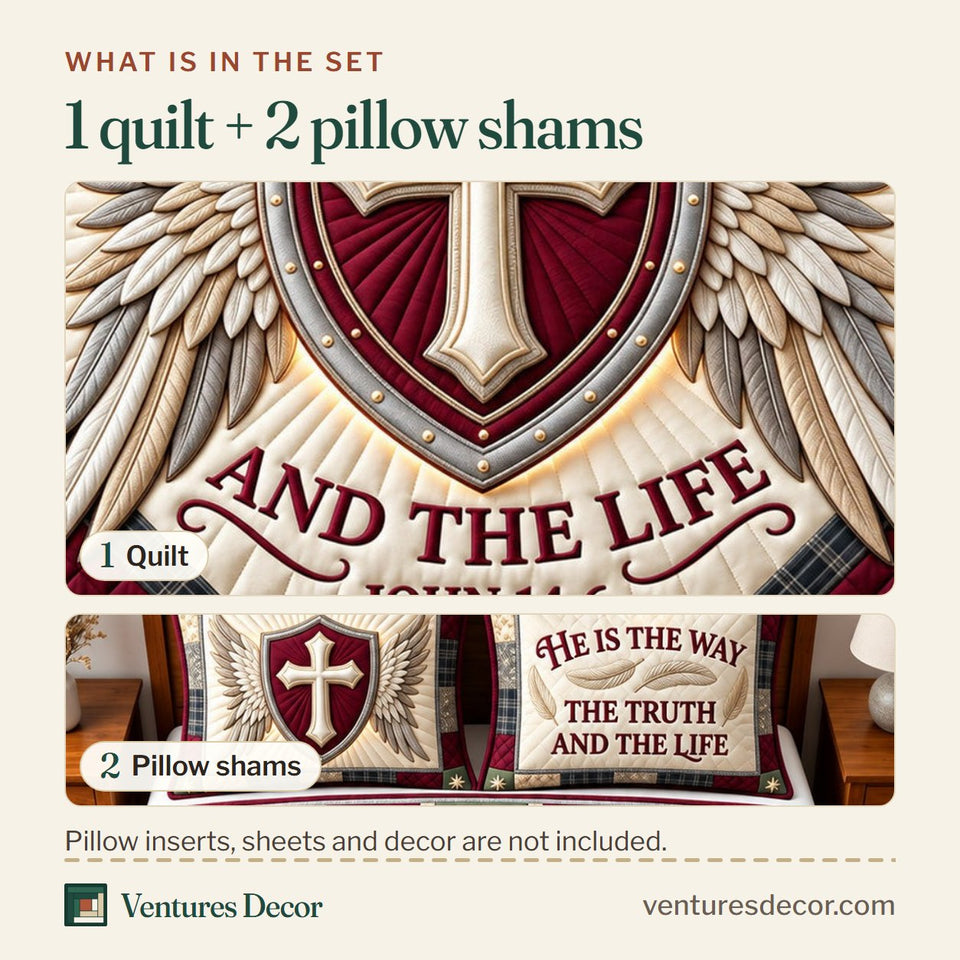 What is in the set: one quilt and two pillow shams, shown in the Cross Of Faith Christian Quilt Set, 3-Piece Quilted Bedding with 2 Pillow Shams design