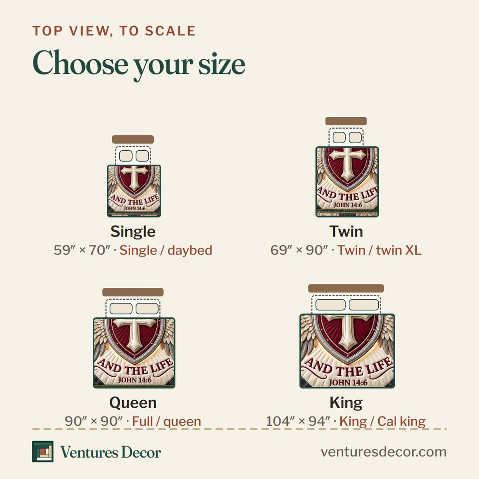 Size guide for the Cross Of Faith Christian Quilt Set, 3-Piece Quilted Bedding with 2 Pillow Shams quilt, top view to scale: Single 59 x 70 in, Twin 69 x 90 in, Queen 90 x 90 in, King 104 x 94 in