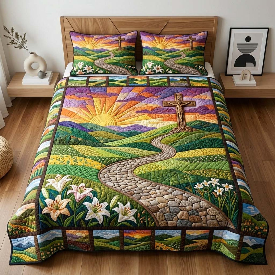Cross Path quilted bedding set, quilt and two pillow shams on a made bed