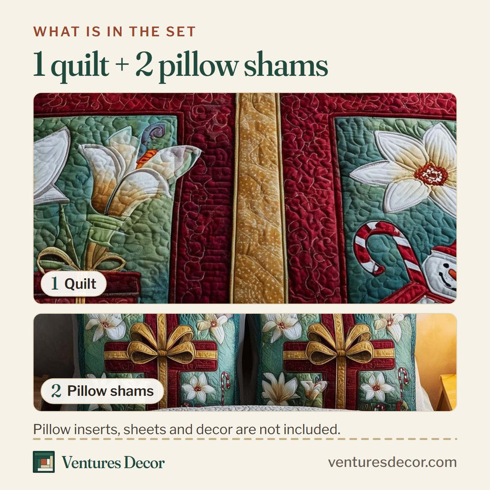 What is in the set: one quilt and two pillow shams, shown in the Cross Ribbon and Gift Snowman Blocks design