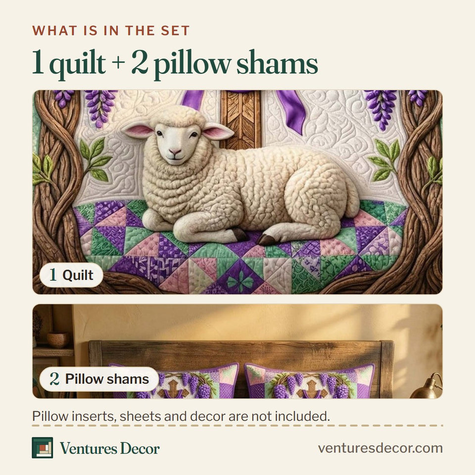 What is in the set: one quilt and two pillow shams, shown in the Cross Wisteria design