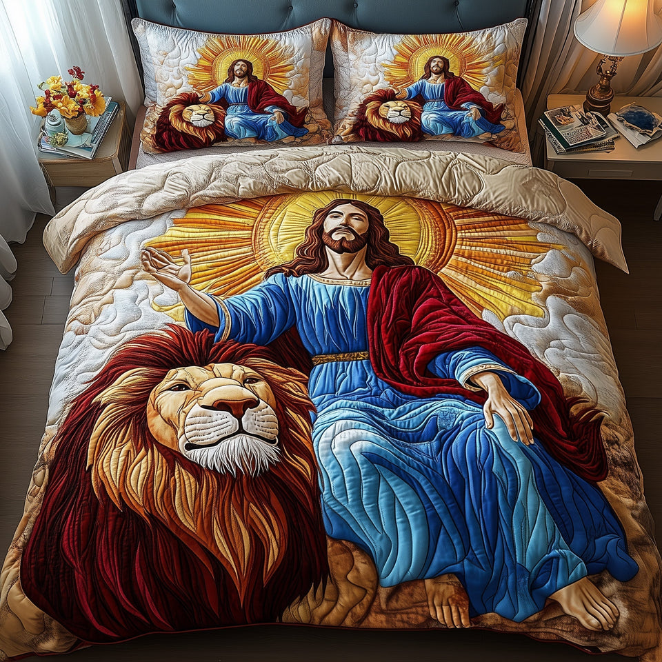 Crown and Cross quilted bedding set, quilt and two pillow shams on a made bed