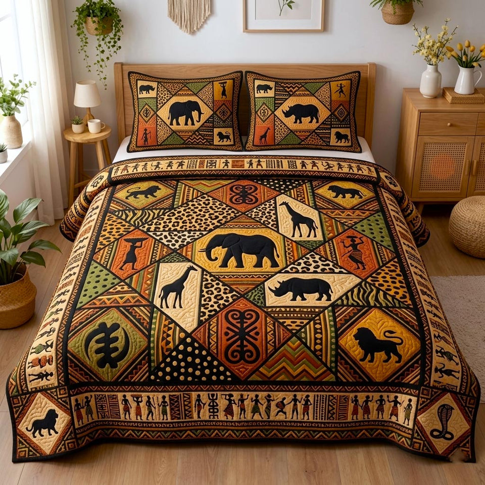 Cultural Rhythm Earth Tone Panels With Animal Symbols quilted bedding set, quilt and two pillow shams on a made bed