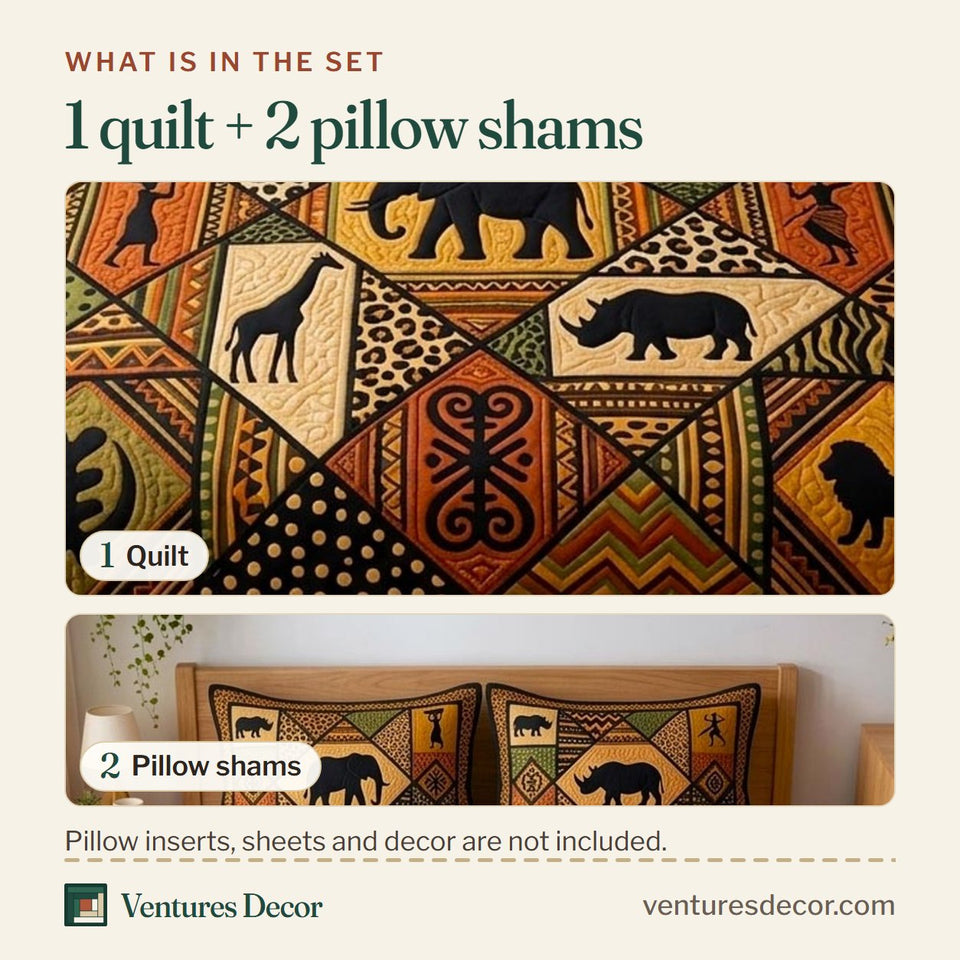 What is in the set: one quilt and two pillow shams, shown in the Cultural Rhythm Earth Tone Panels With Animal Symbols design