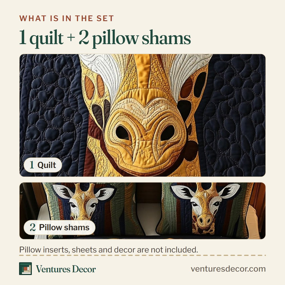 What is in the set: one quilt and two pillow shams, shown in the Curious Giraffe Portrait design