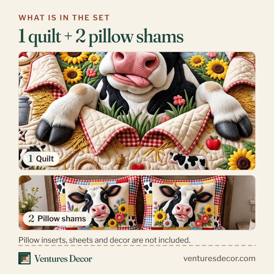 What is in the set: one quilt and two pillow shams, shown in the Cute Cow design