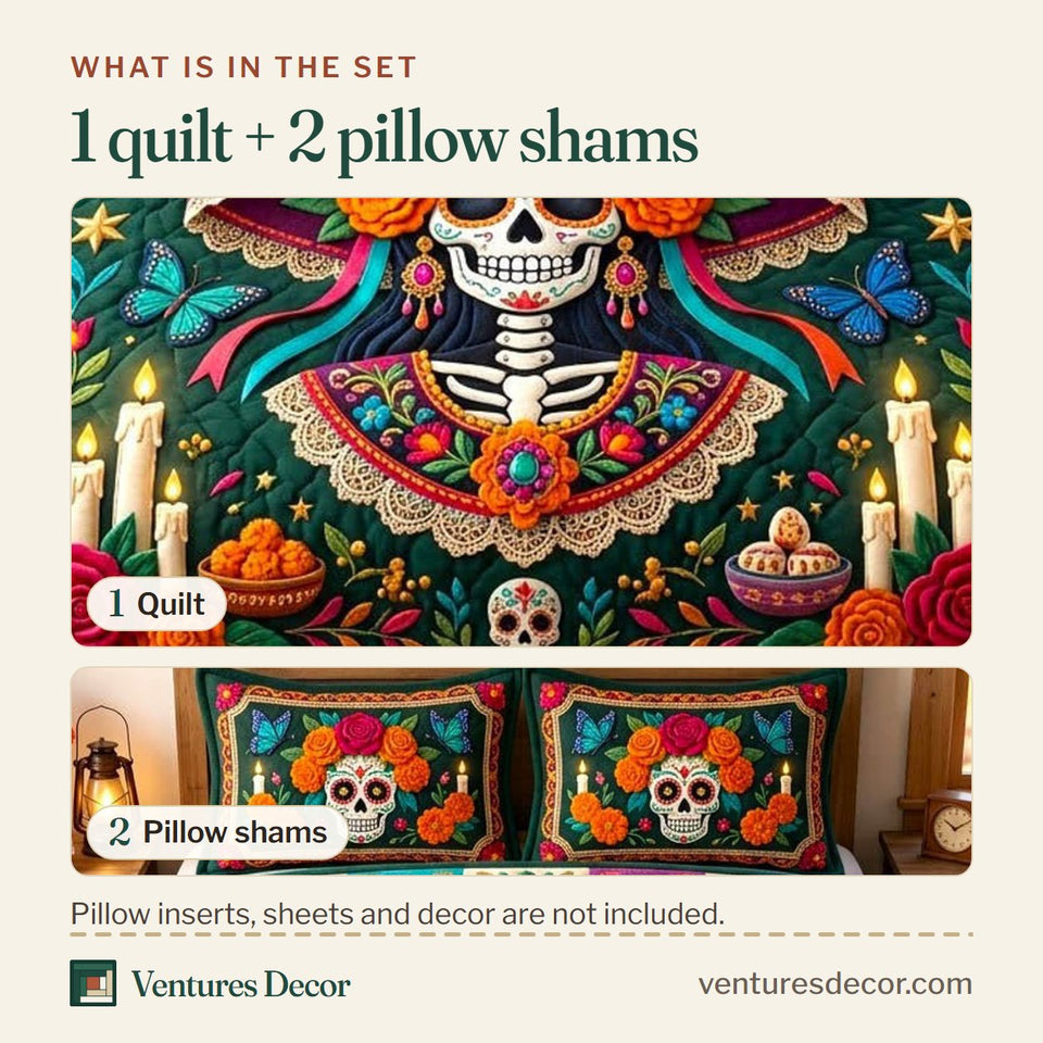 What is in the set: one quilt and two pillow shams, shown in the Día de Muertos in Brown design