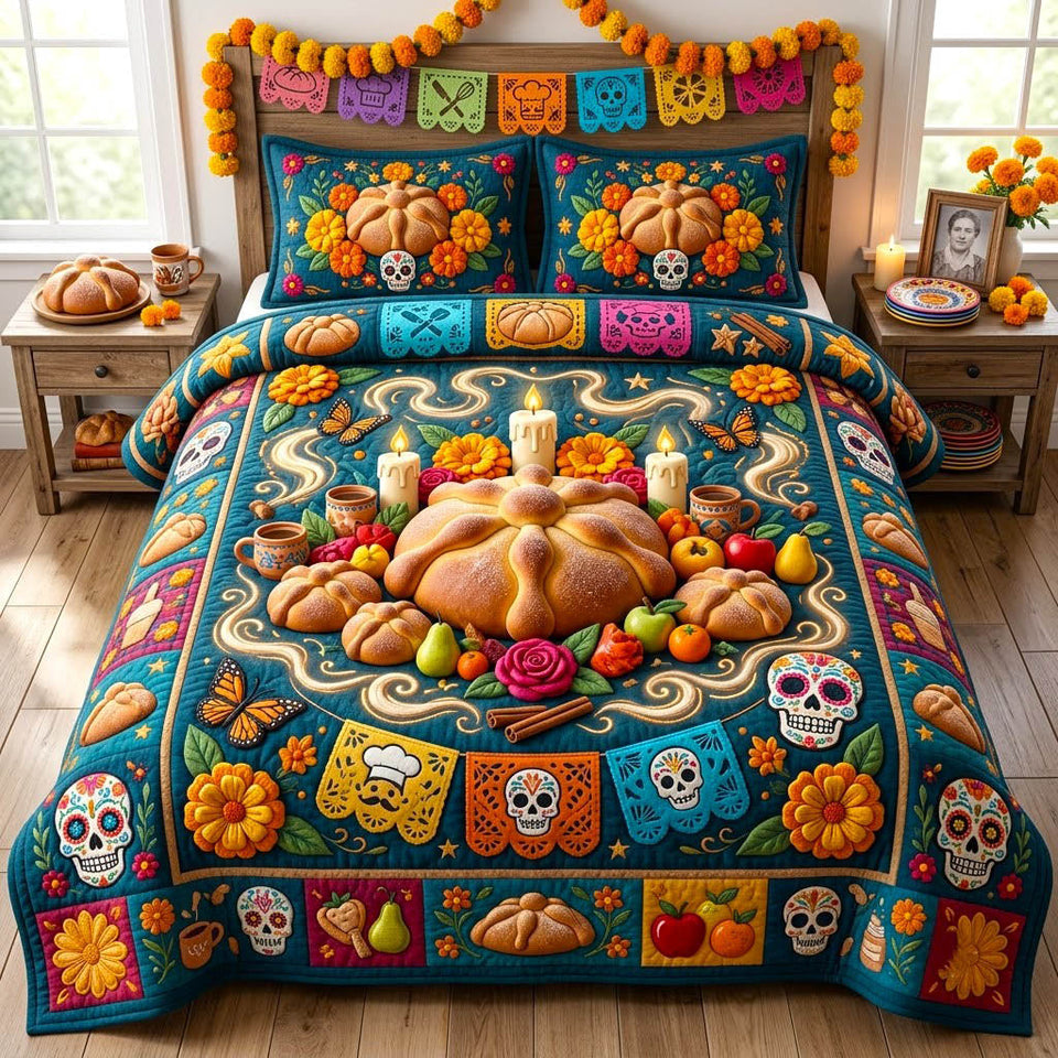 Día de Muertos in Tan quilted bedding set, quilt and two pillow shams on a made bed
