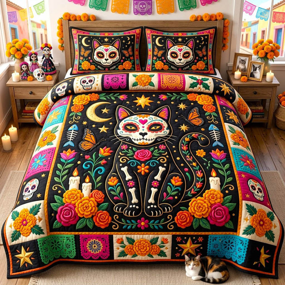 Día de Muertos Marigold Flowers quilted bedding set, quilt and two pillow shams on a made bed