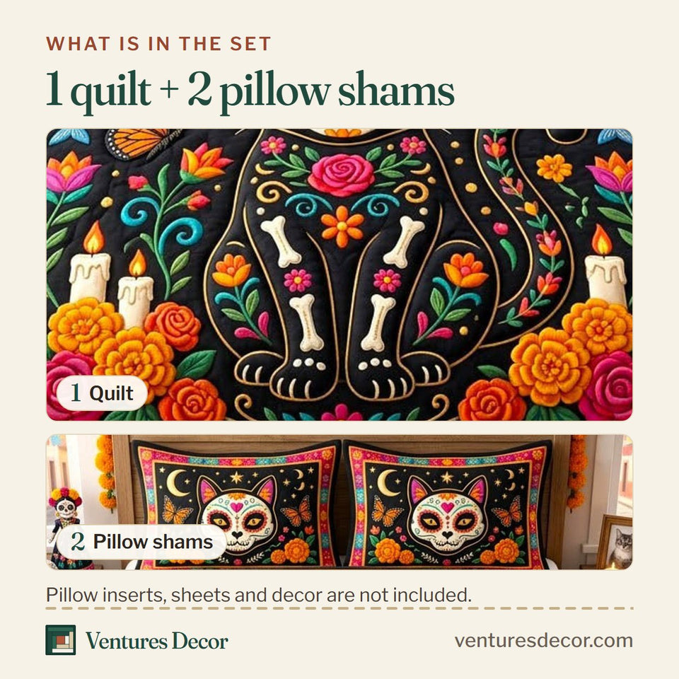 What is in the set: one quilt and two pillow shams, shown in the Día de Muertos Marigold Flowers design