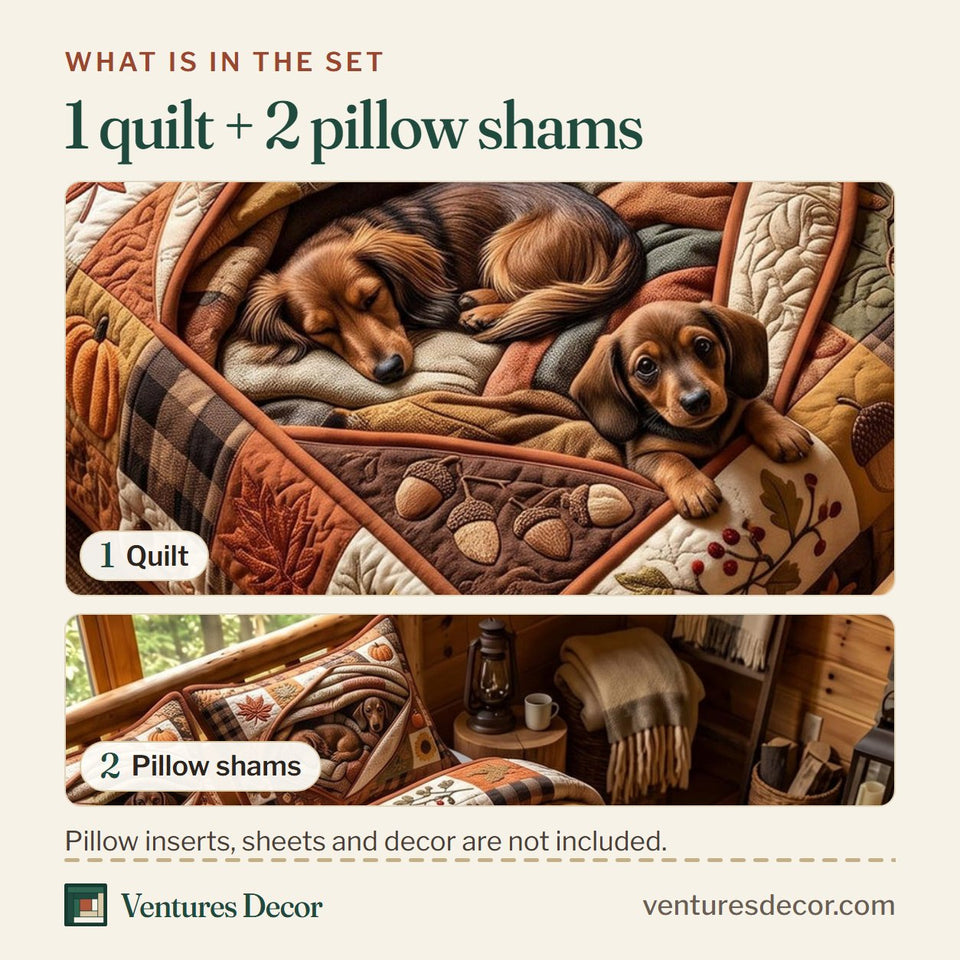 What is in the set: one quilt and two pillow shams, shown in the Dachshund Harvest design