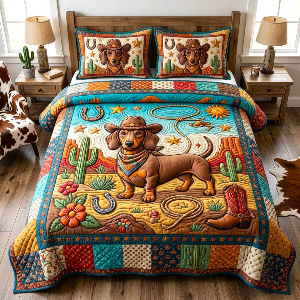 Dachshund Lover Dog Decor quilted bedding set, quilt and two pillow shams on a made bed